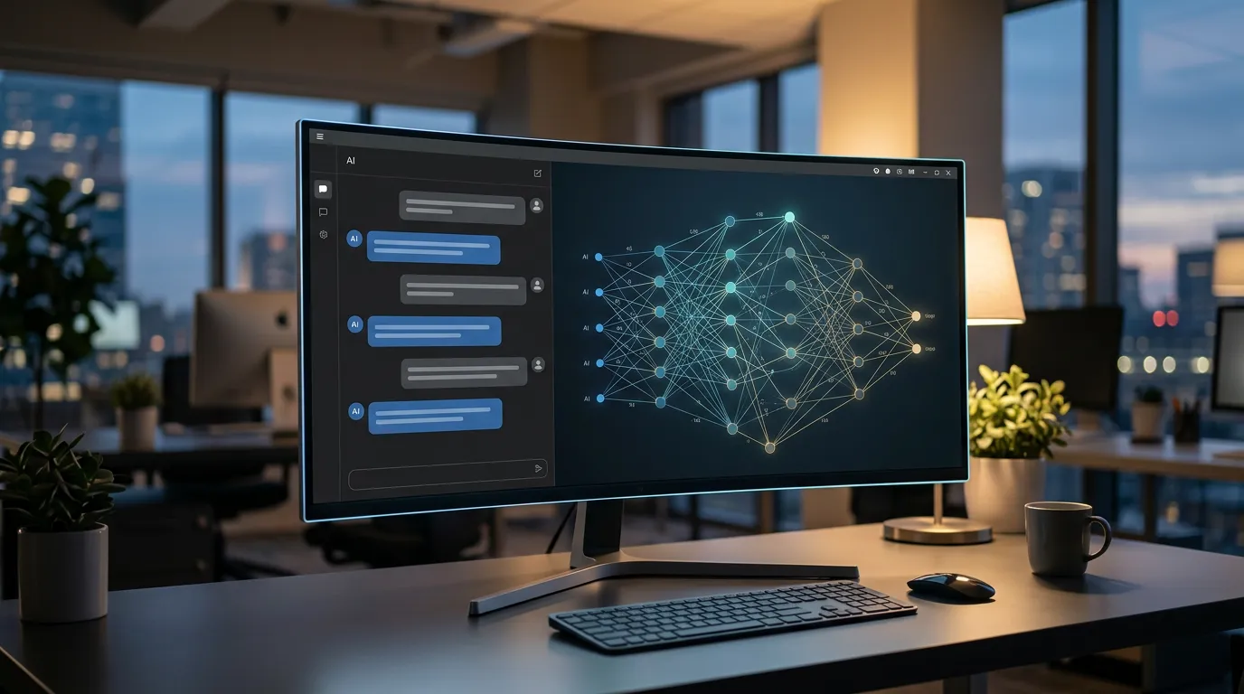 Modern computer interface displaying chat conversation bubbles and AI neural network visualization, digital workspace, professional environment