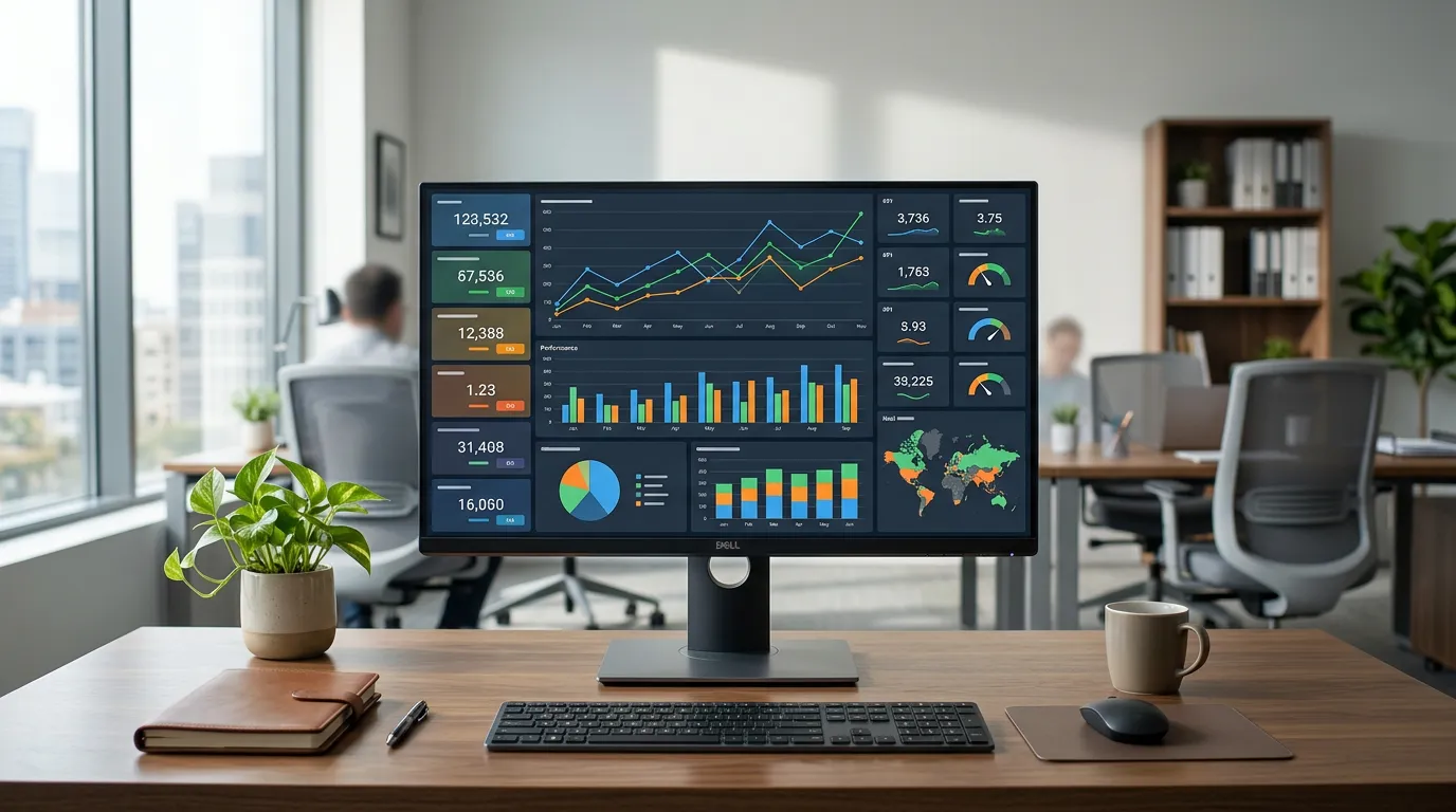 Business analytics dashboard showing metrics, charts, and performance data visualization on screen, professional office environment