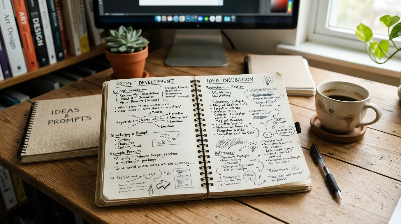 Close-up of a notebook with handwritten notes about prompts and ideas, coffee cup nearby, workspace setup, creative environment