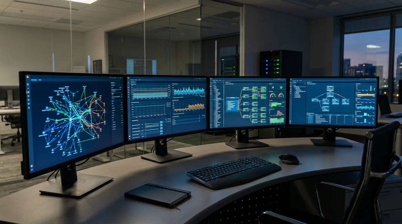 Multiple computer monitors displaying integration dashboard with system connections and data flow visualization, enterprise workspace