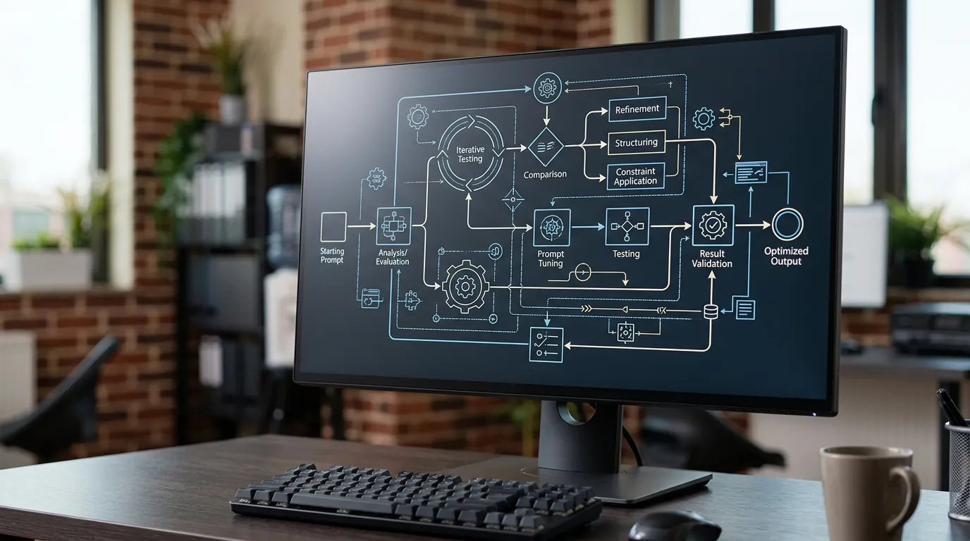 Computer screen showing flowchart and process diagram for AI prompt optimization, technical blueprint style