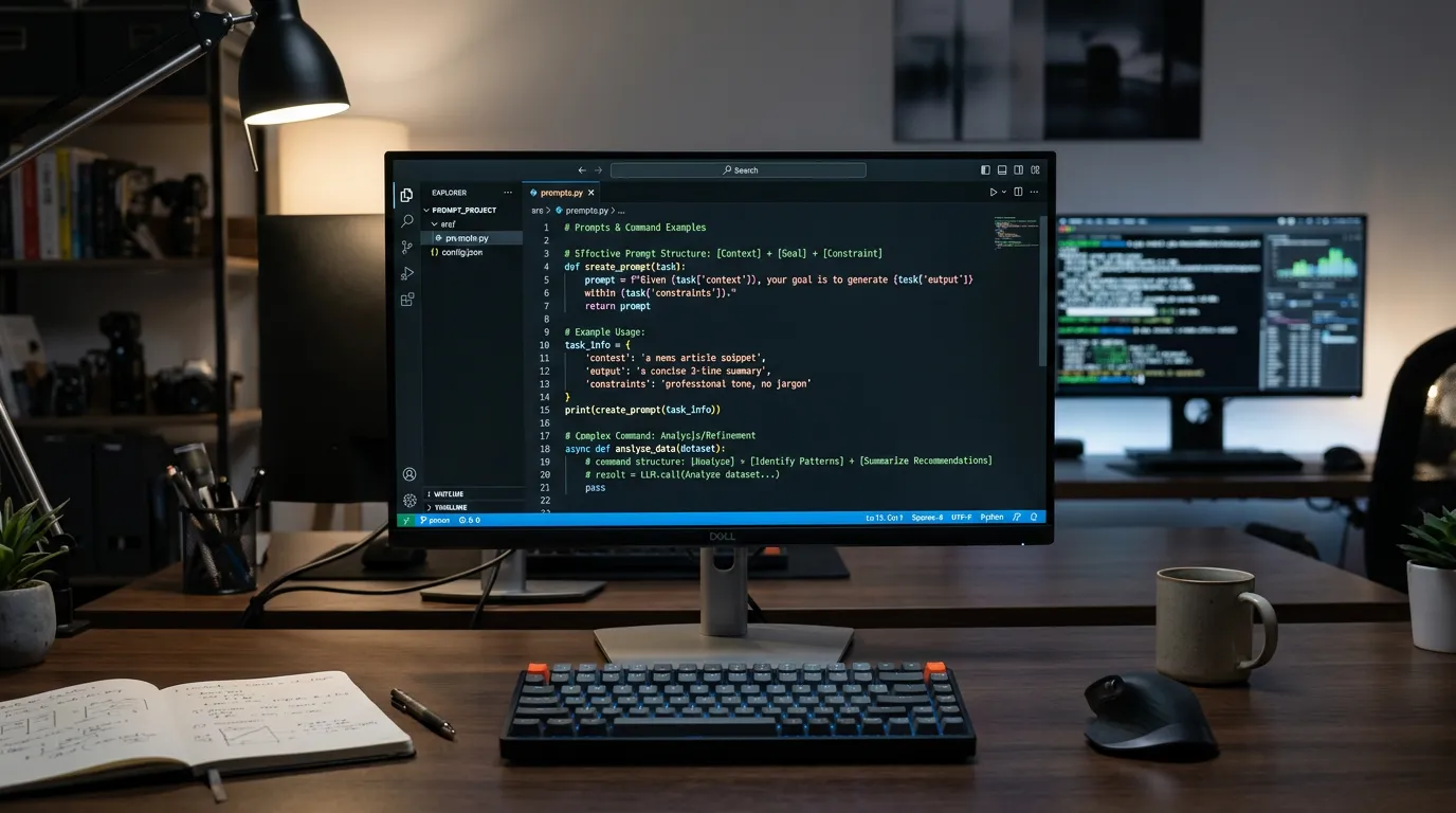 Digital display showing examples of effective prompts and command structures, code editor interface, modern technical workspace